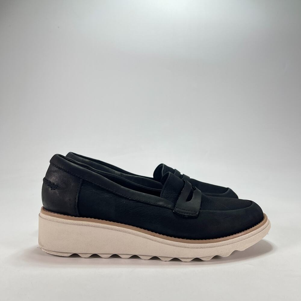 Clarks Sharon Ranch Black Nubuck Suede Wedge Penny Loafers Shoes Women's Size 6M